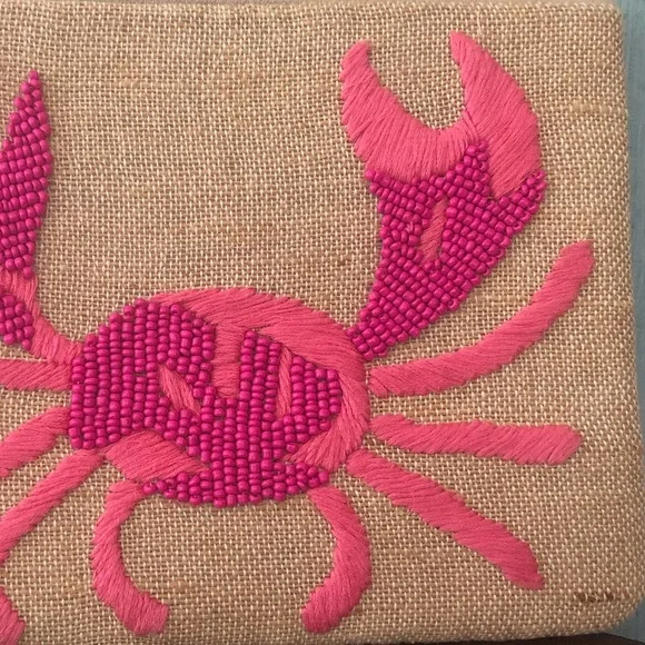 Beaded 2-tone pink crab on tan-colored linen-like fabric clutch bag by Spartina - Picture 8 of 11